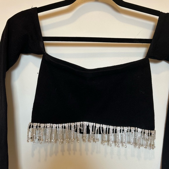 ZARA Off The Shoulder Black Rhinestone Seamless Crop Top Long Sleeve Size S!! - Picture 11 of 16